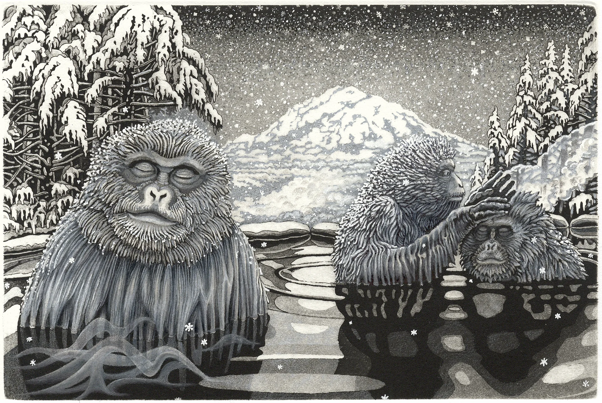 Snow Monkeys — intaglio print by Patrick Simon